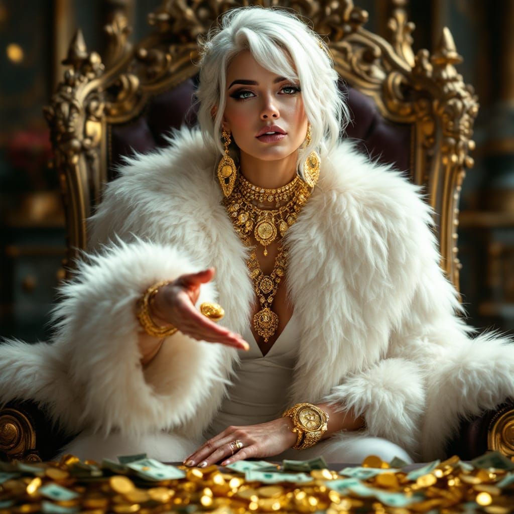 Regal Woman in Opulent Attire Displays Coin