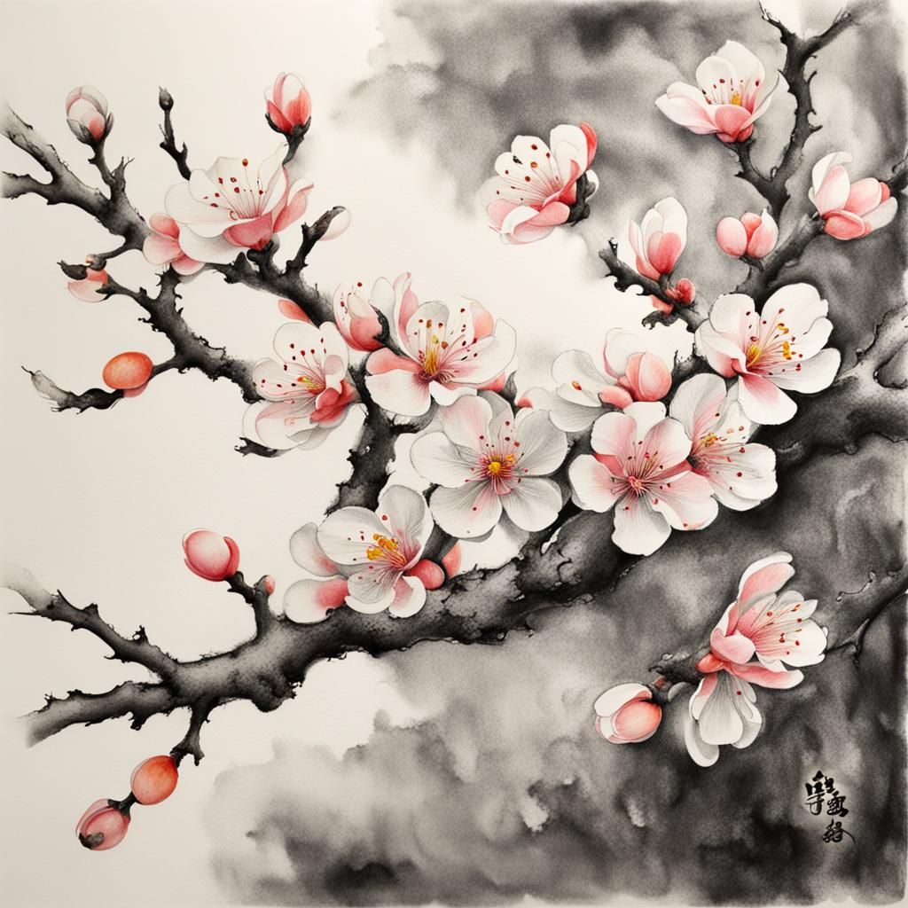 Apricot Blossom: Hyperdetailed Charcoal Drawing in Ink Style