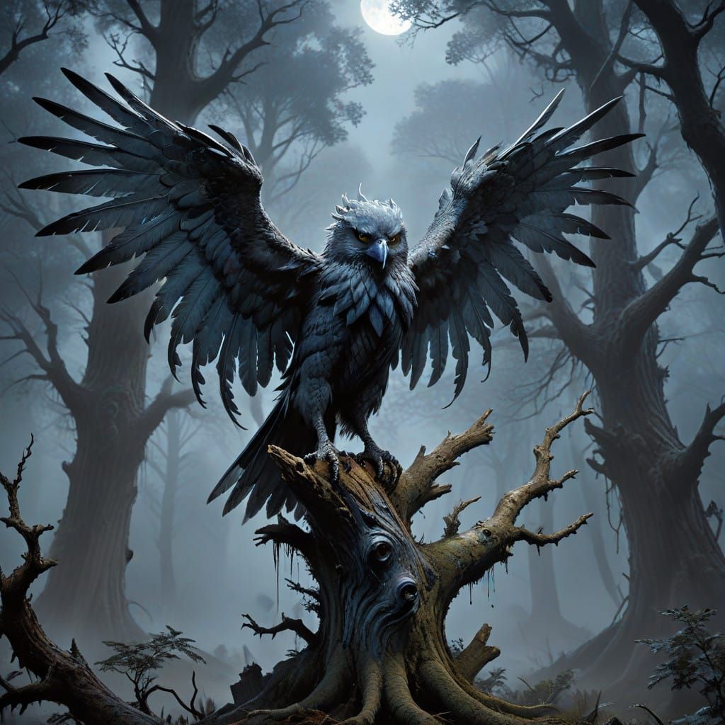 Dark Fantasy Harpy Perched in a Twisted Tree