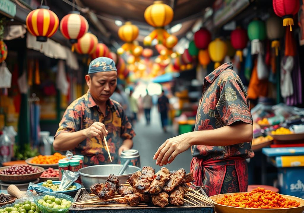 Indonesian Street Chef Grilling Satay in Lively Market