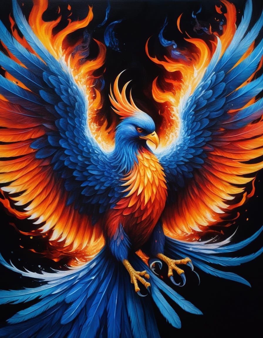 Phoenix Split Between Fire and Ice in Surreal Oil Painting