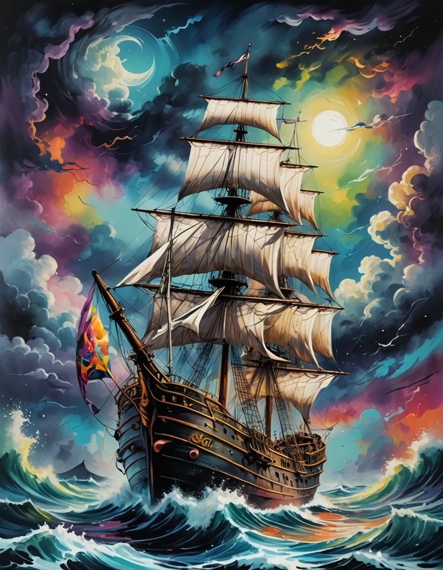 Sailing Ship at Night in Graffiti Art Style