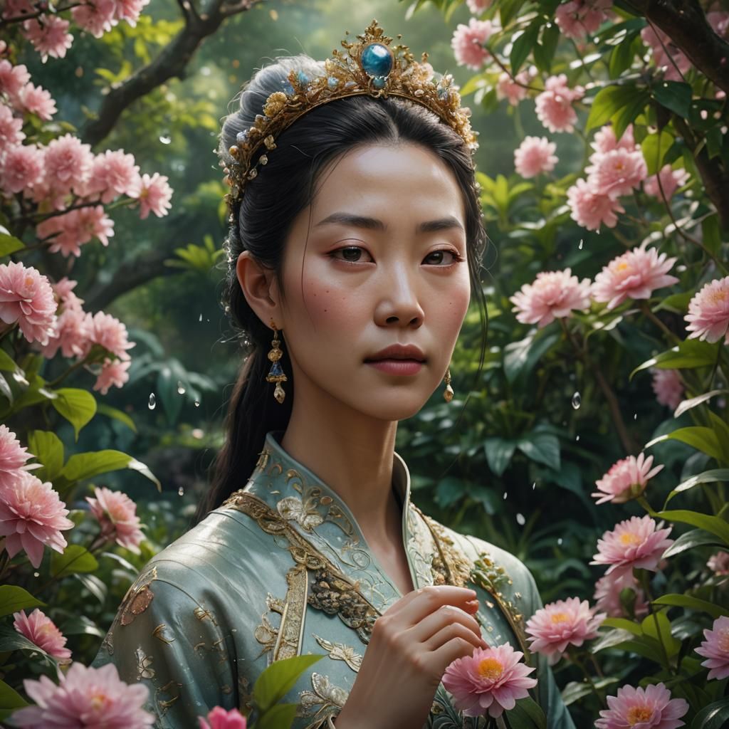 Queen Mu Yanling in Serene Garden: Hyper-Realistic Digital A...