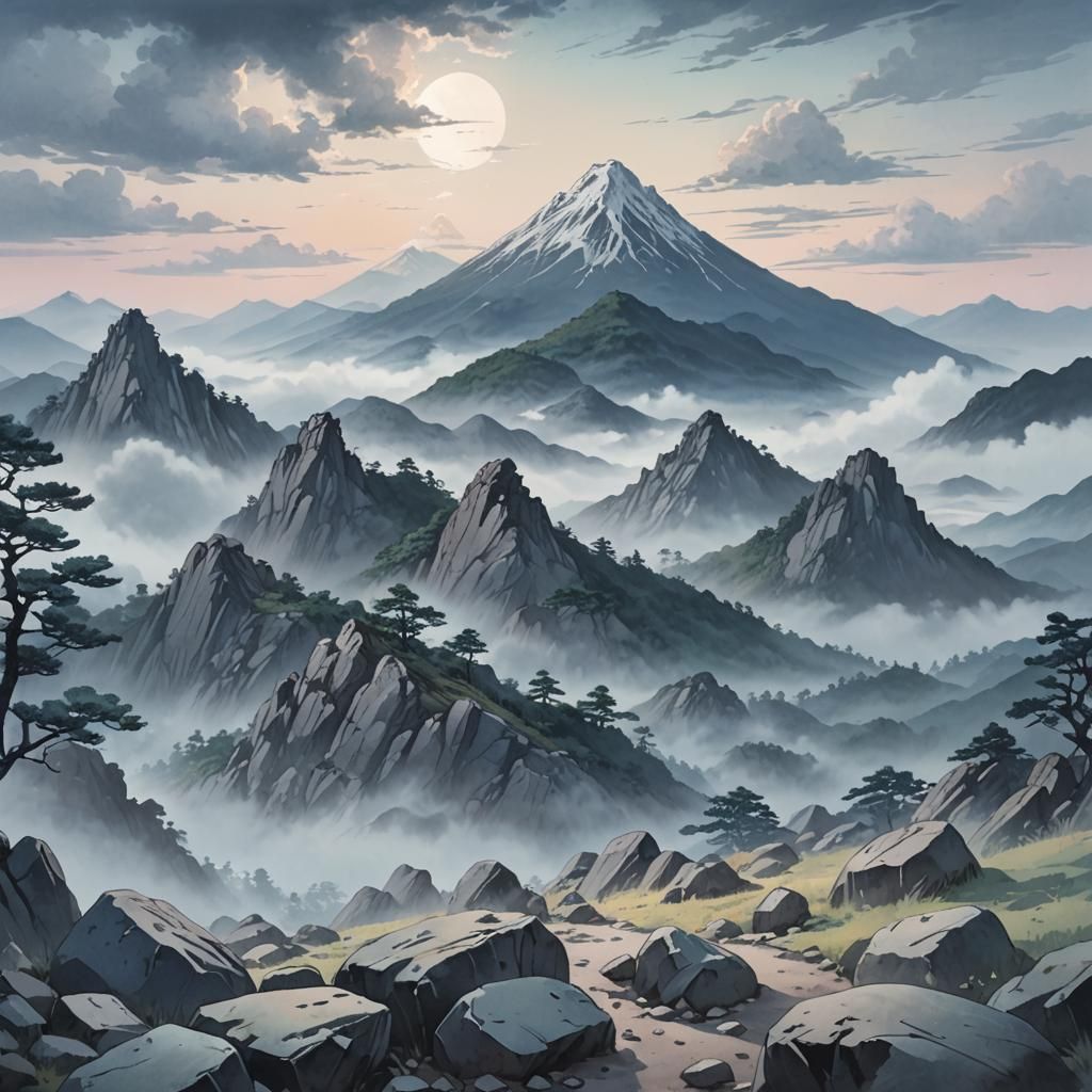 Misty Mountain Landscape in Anime Style