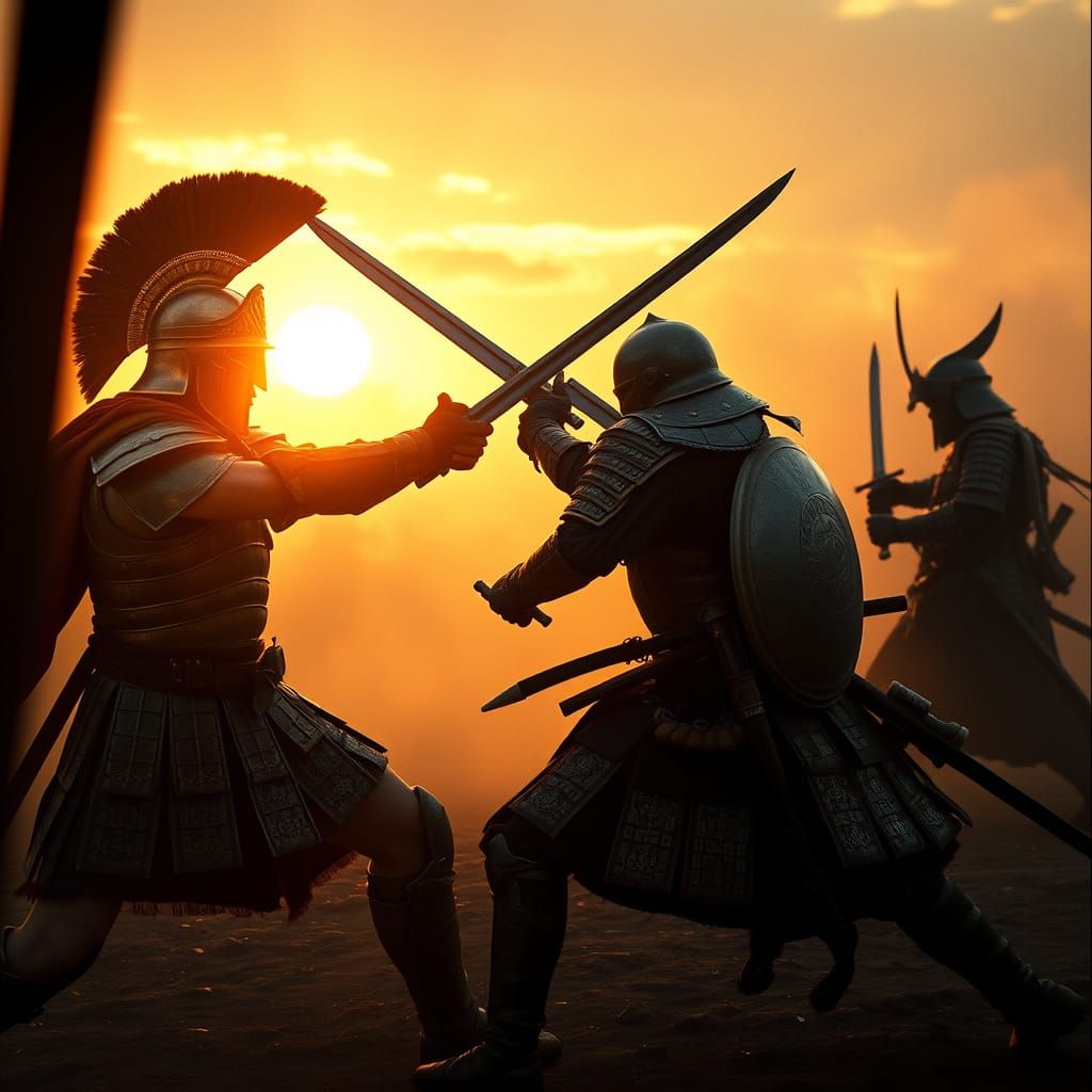 Epic Battle of Spartan Hoplite and Samurai in Cinematic Film...