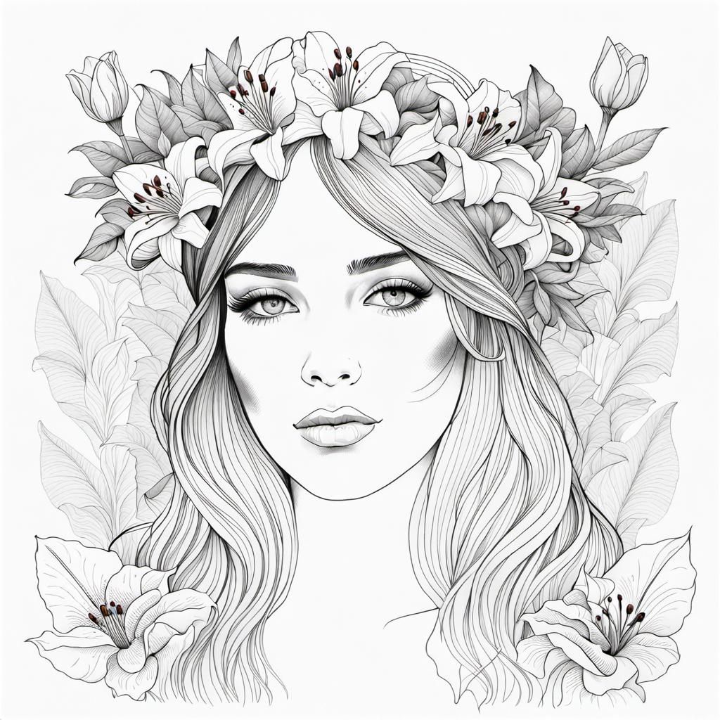 Line Art Portrait of Girl with Flower Crown