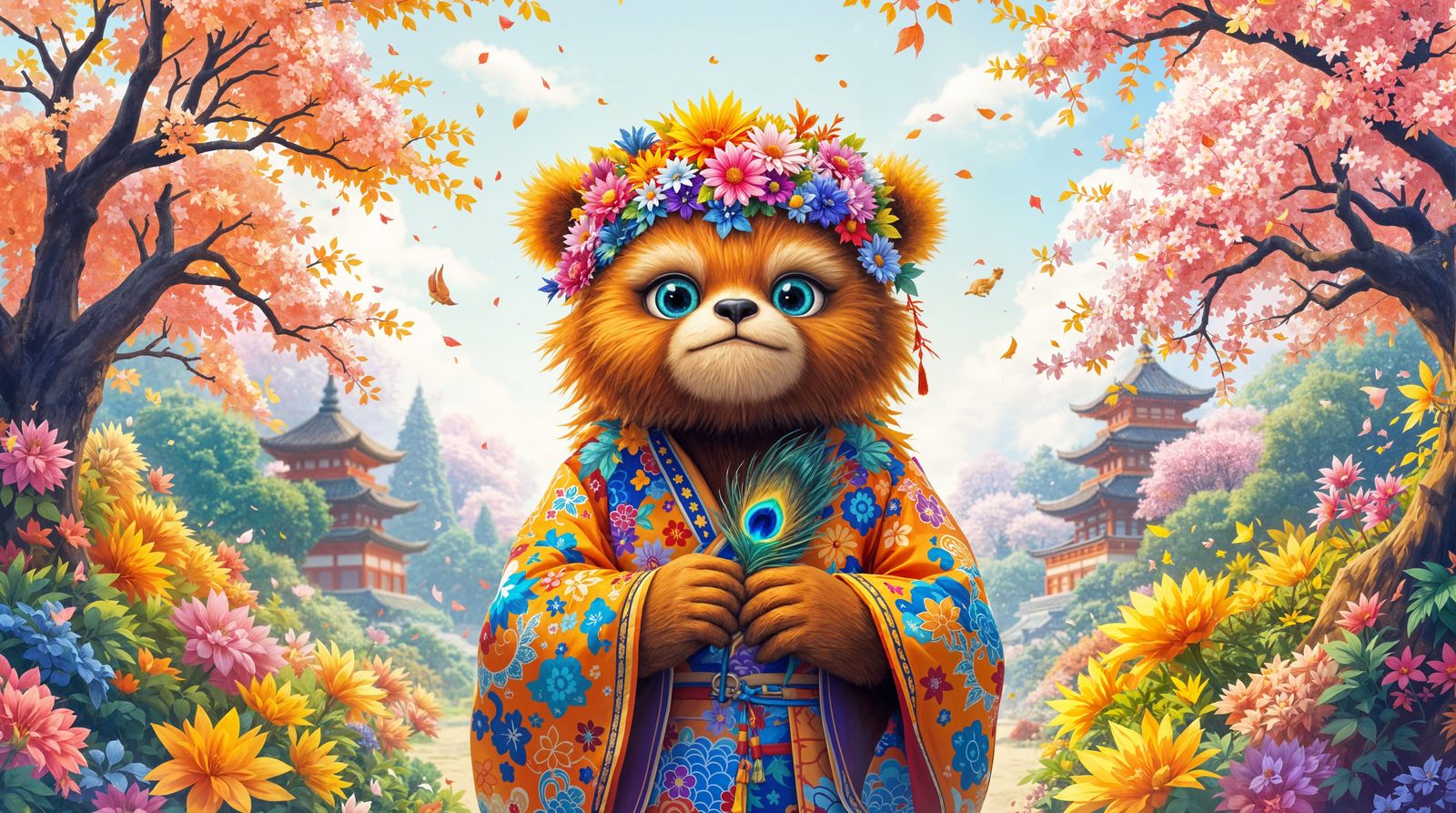 Vibrant Japanese Garden Bear in a Flower Crown