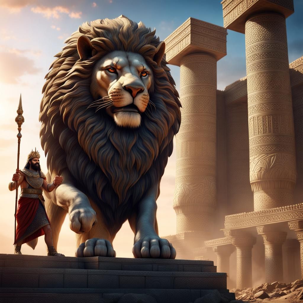 Assyrian King Dominates Lion in Babylon