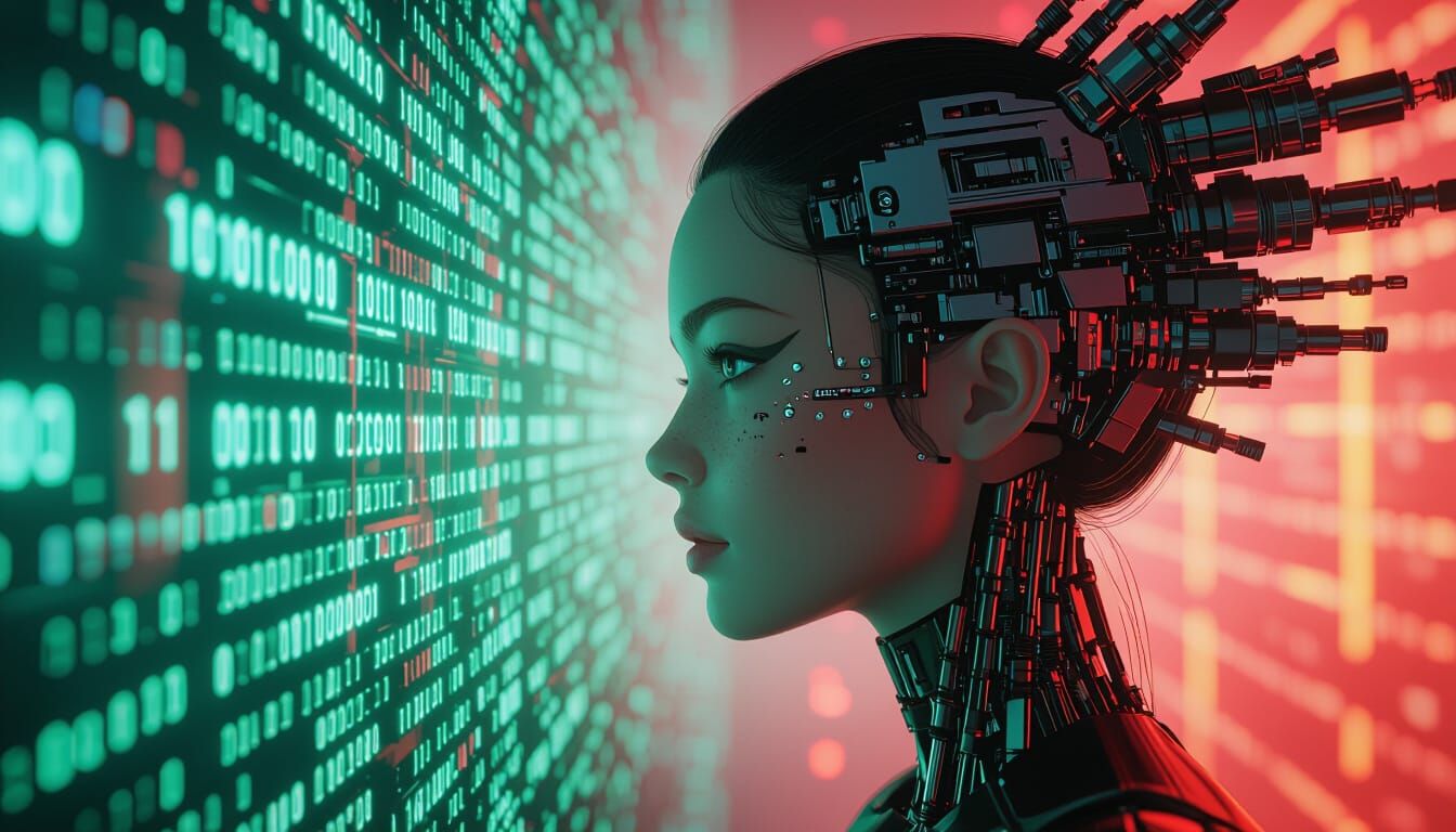 Sci-Fi Portrait: Woman Fused with Machine on Matrix Backgrou...