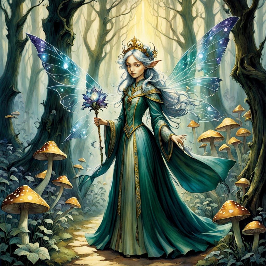 Glowing Fairy Godmother Illuminates Magical Forest Paths