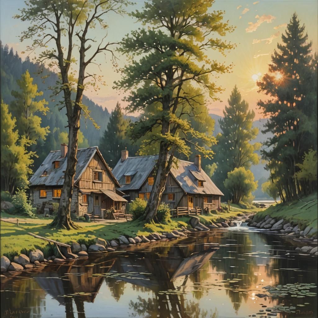 Riverside Hamlet at Sunrise: Detailed Oil Painting