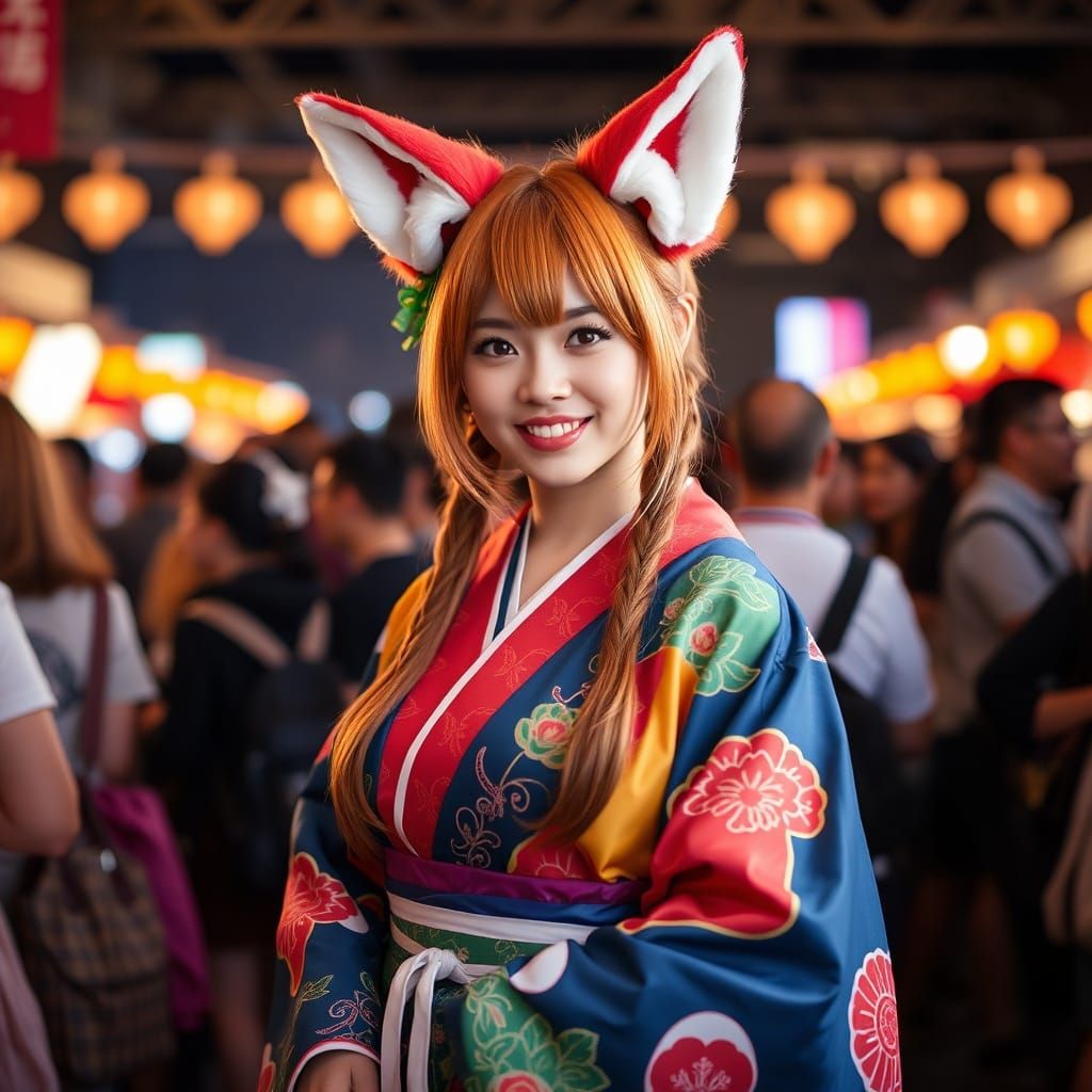 Enchanting Fox Spirit Cosplayer in Festive Japanese Outfit