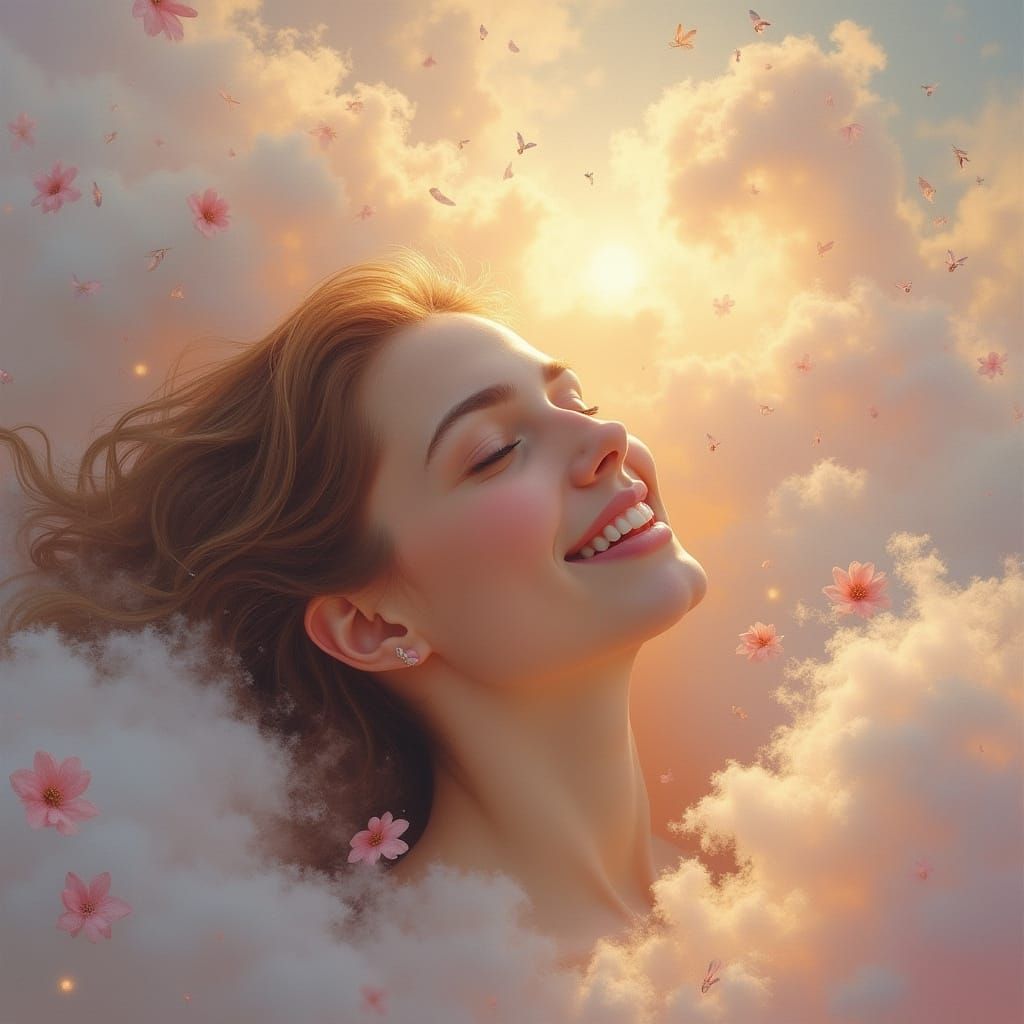 Radiant Woman Surrounded by Heavenly Clouds in Ethereal Styl...