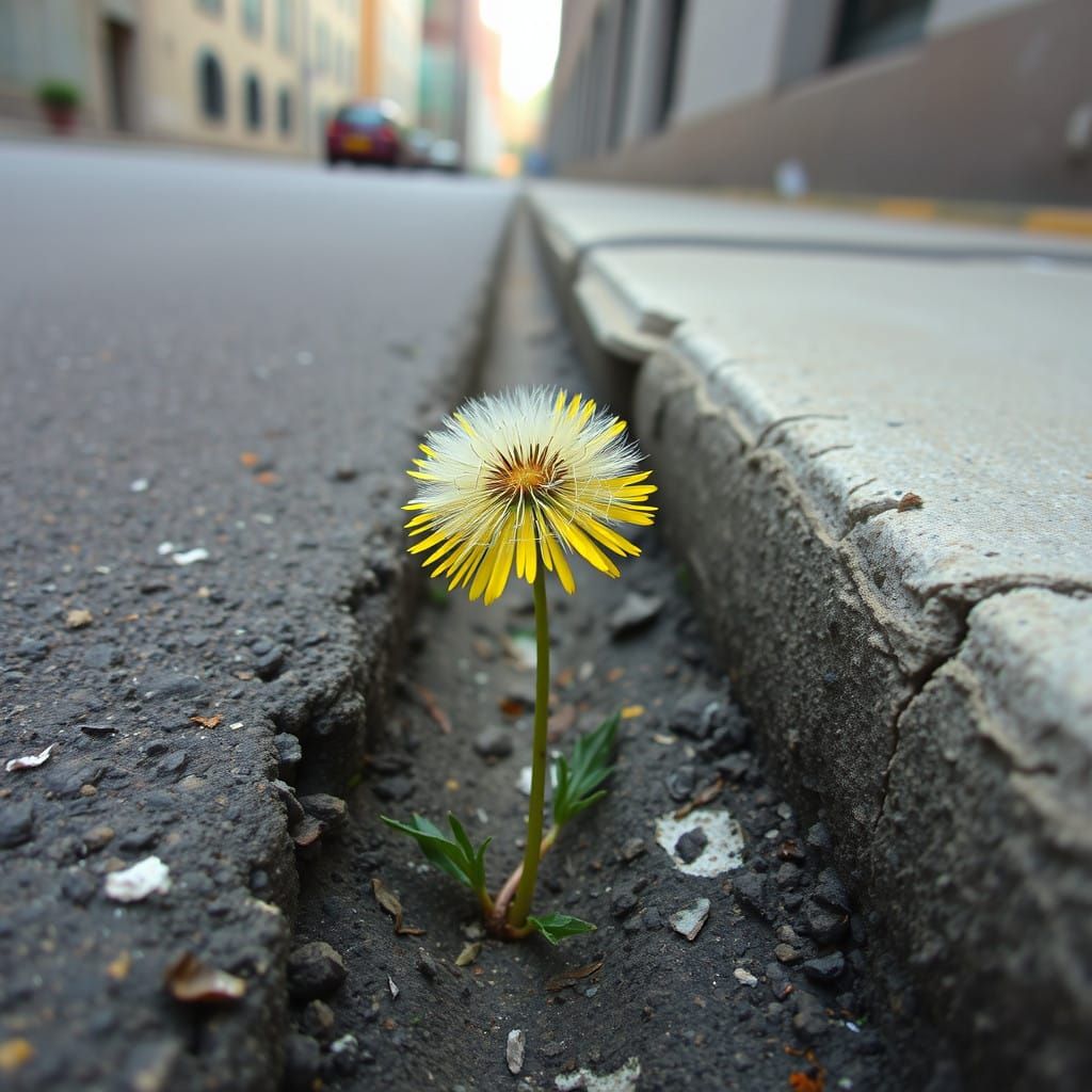 A dandelion growing  through  a crack in the street