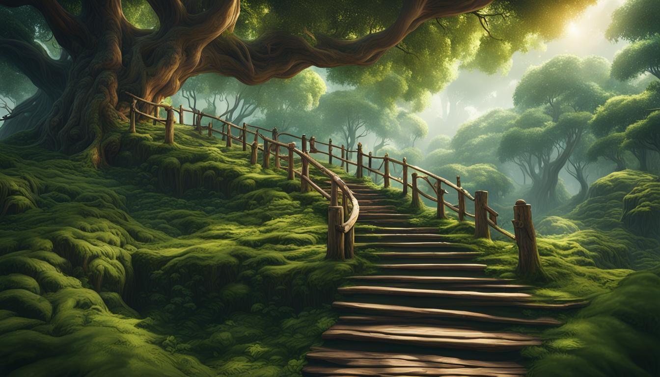 Rustic Stairs Ascend into Green Trees, Matte Painting