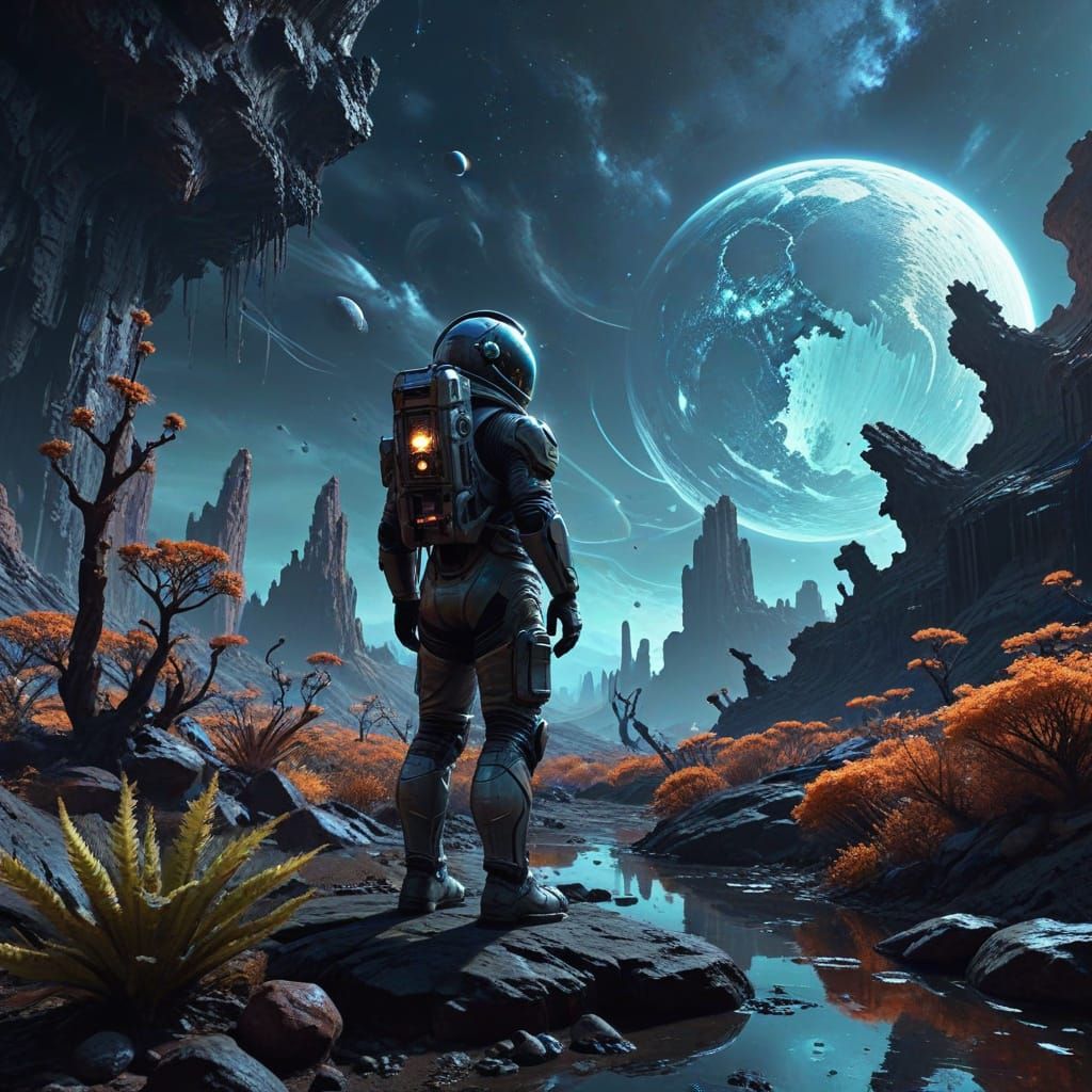 Astronaut on Alien Planet in Retro-Futuristic Style