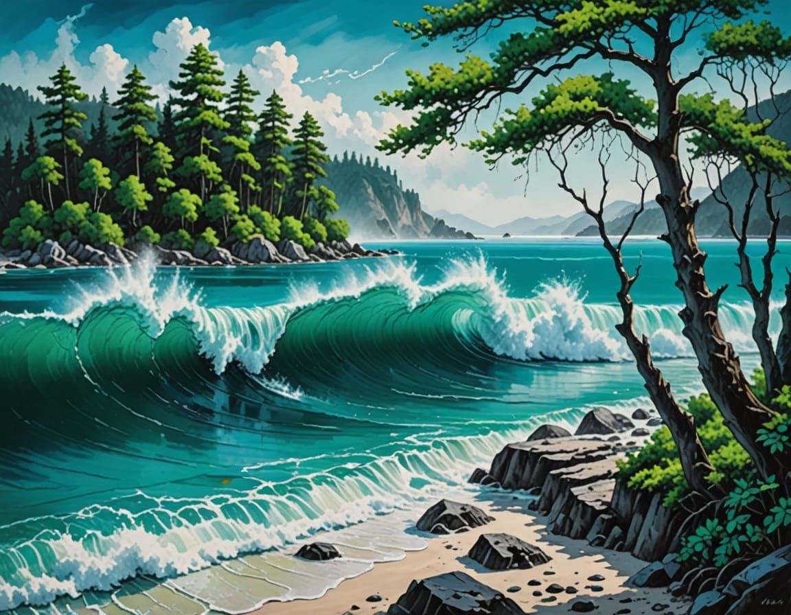 Turquoise Lake Under Emerald Forest in High Contrast Monochr...