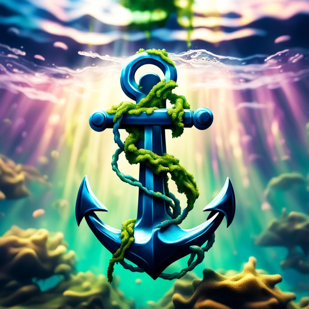 Underwater Anchor with Algae in Splash Art Style