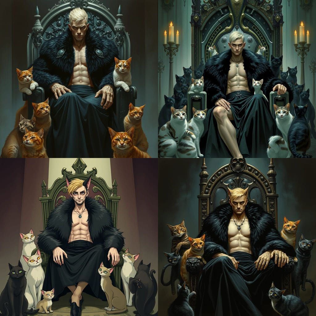 Cat King on Throne Surrounded by Cats