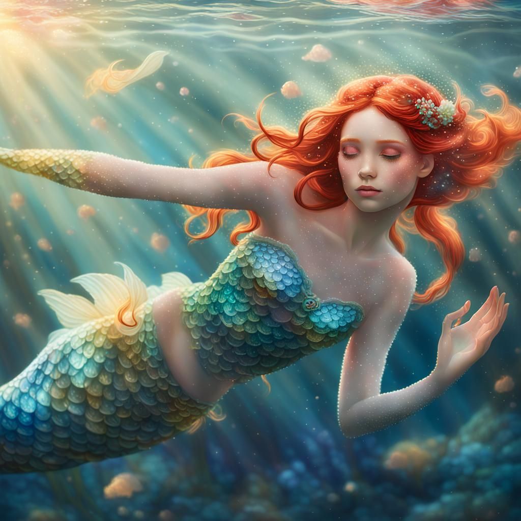 Red-Haired Mermaid Fairy in Bioluminescent Ocean