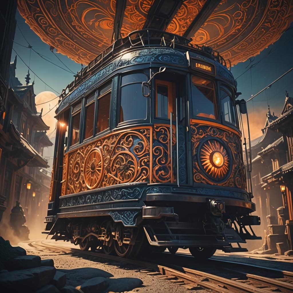 Magical Tram Under Mystical Black Sun: Fantasy Art