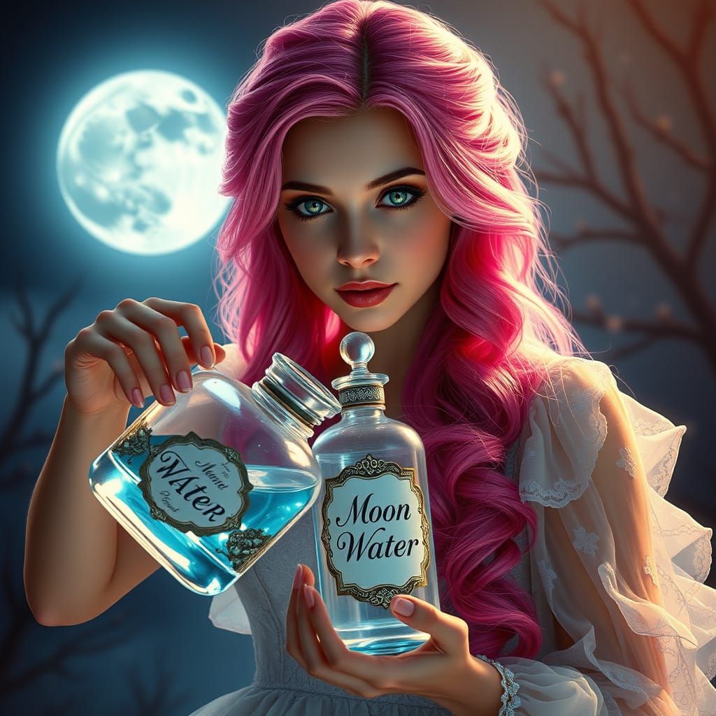 Mystical Moon Water Sorceress in Vibrant Pink Hair and Amber...