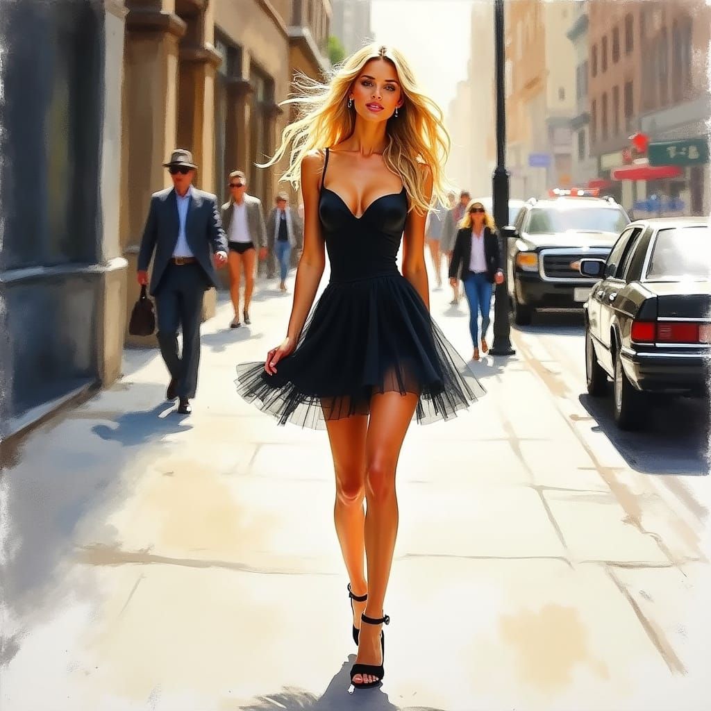 Impressionistic City Scene with Confident Blonde in Little B...