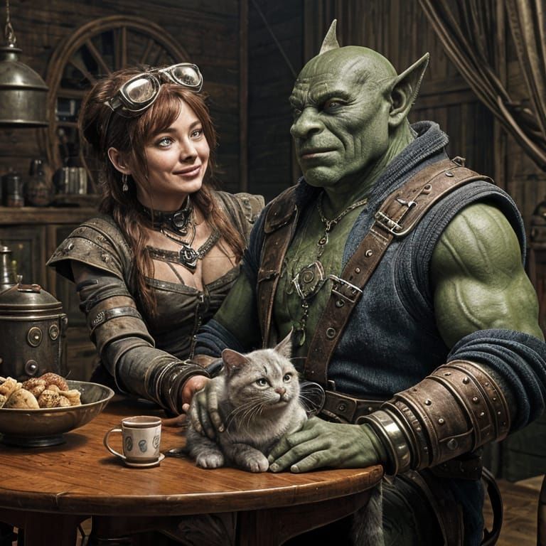 Orc Couple and Cat in Steampunk Home