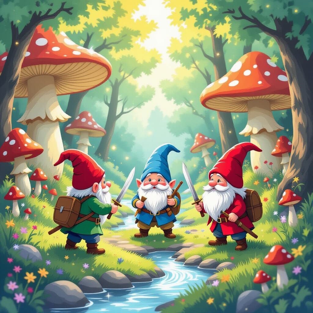 Gnomes Play Capture the Flag in Whimsical Forest