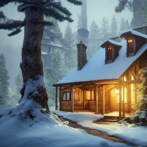 Winter Cottage in Woods, Art Nouveau Style