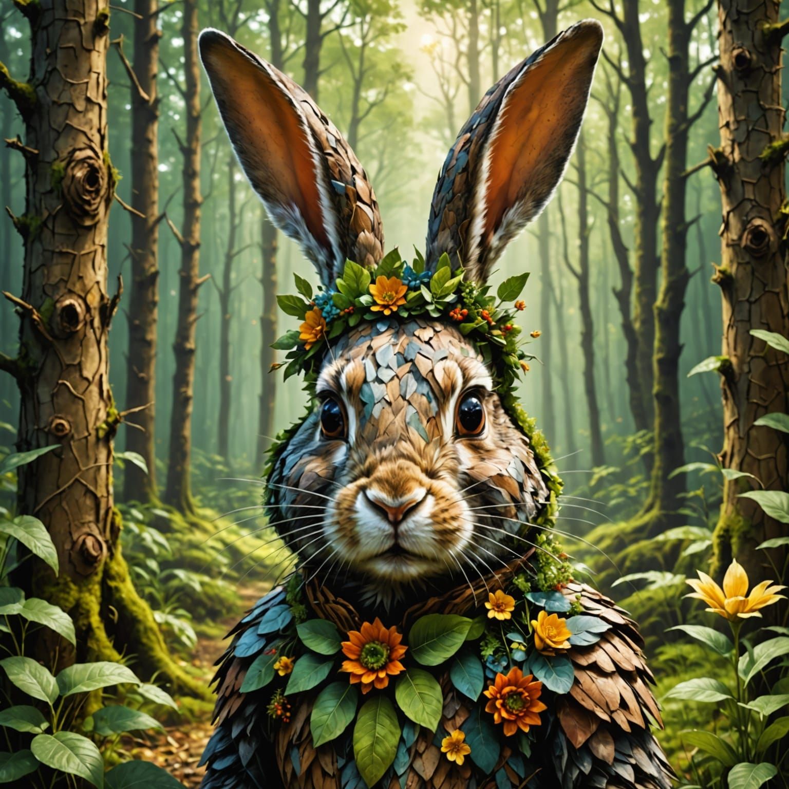 Arcimboldo Rabbit Portrait in Whimsical Forest Scene