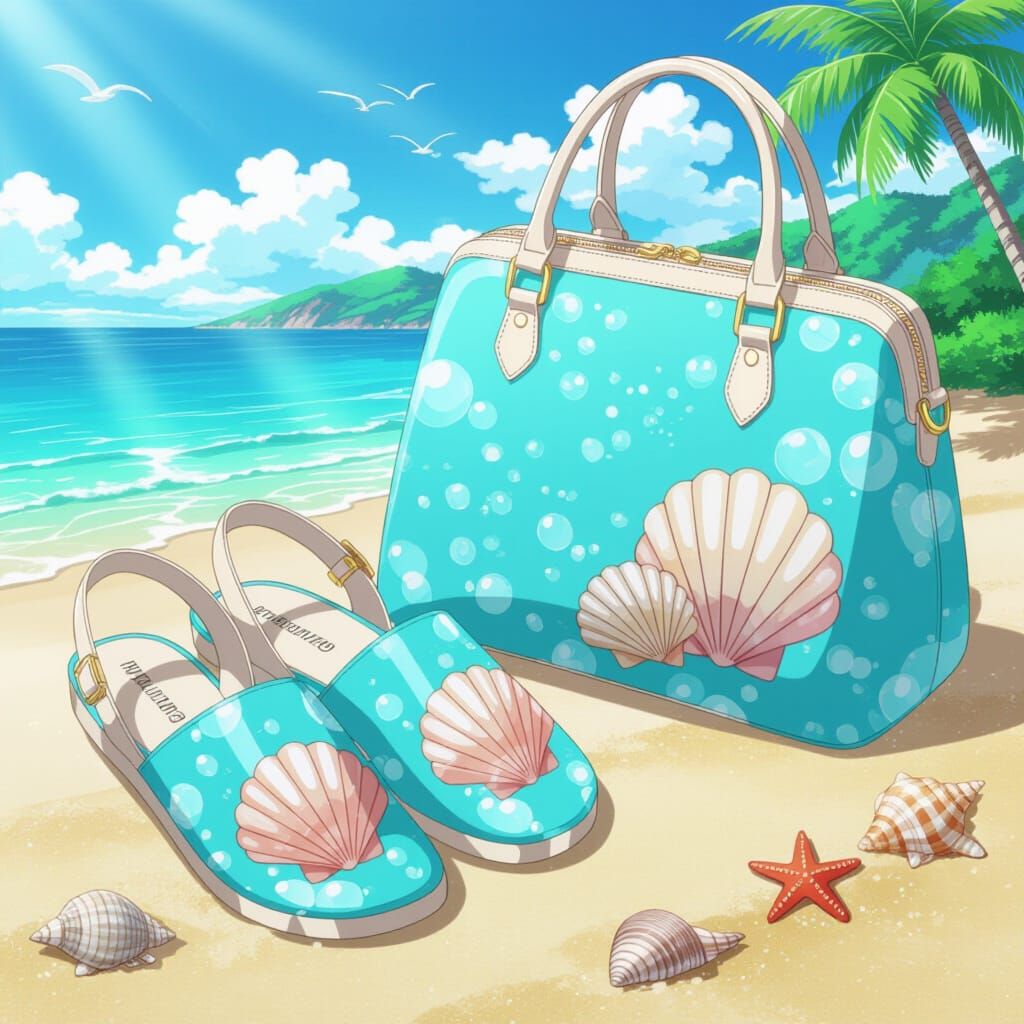 Anime Seashell Shoes and Bag: A Digital Art Creation