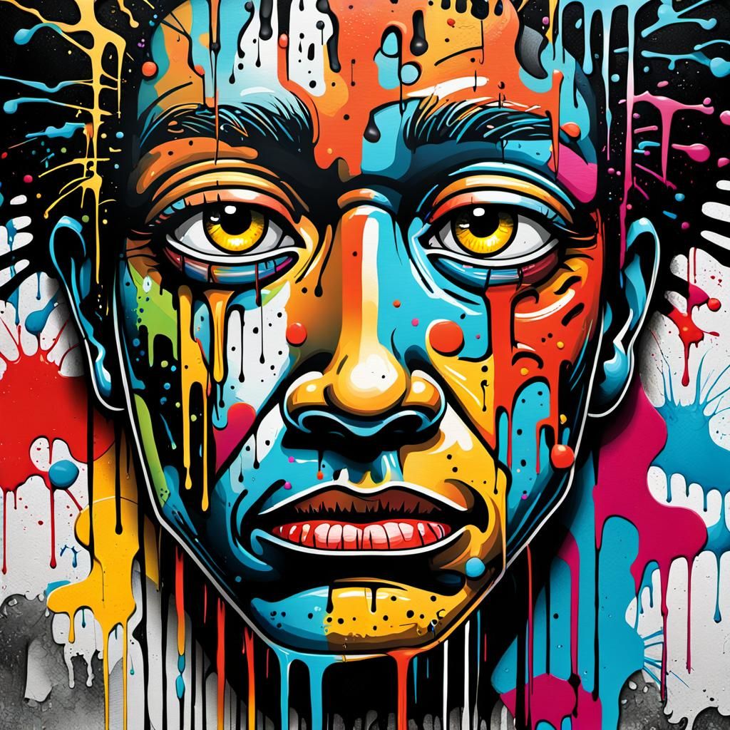 Sad Graffiti Face in Vibrant Abstract Expressionism