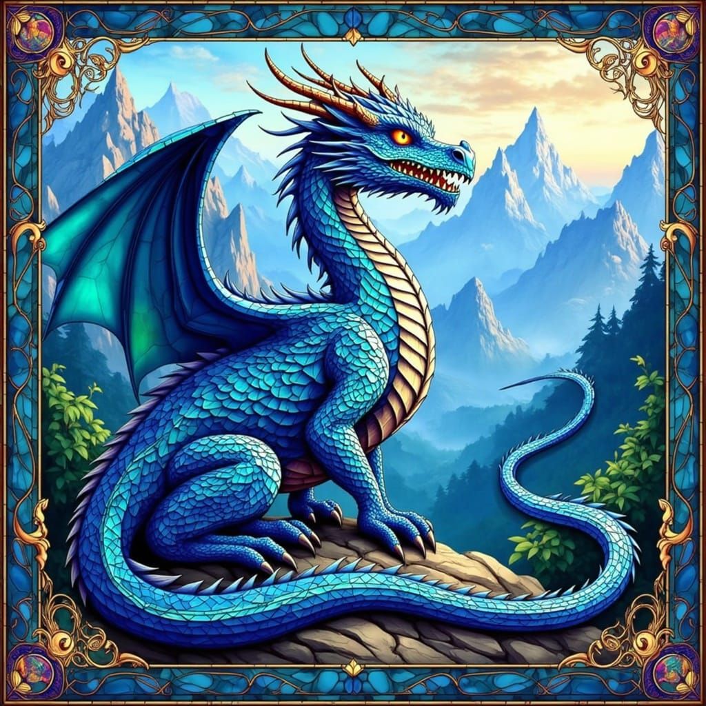 Majestic Blue Mosaic Dragon Amidst Majestic Mountains