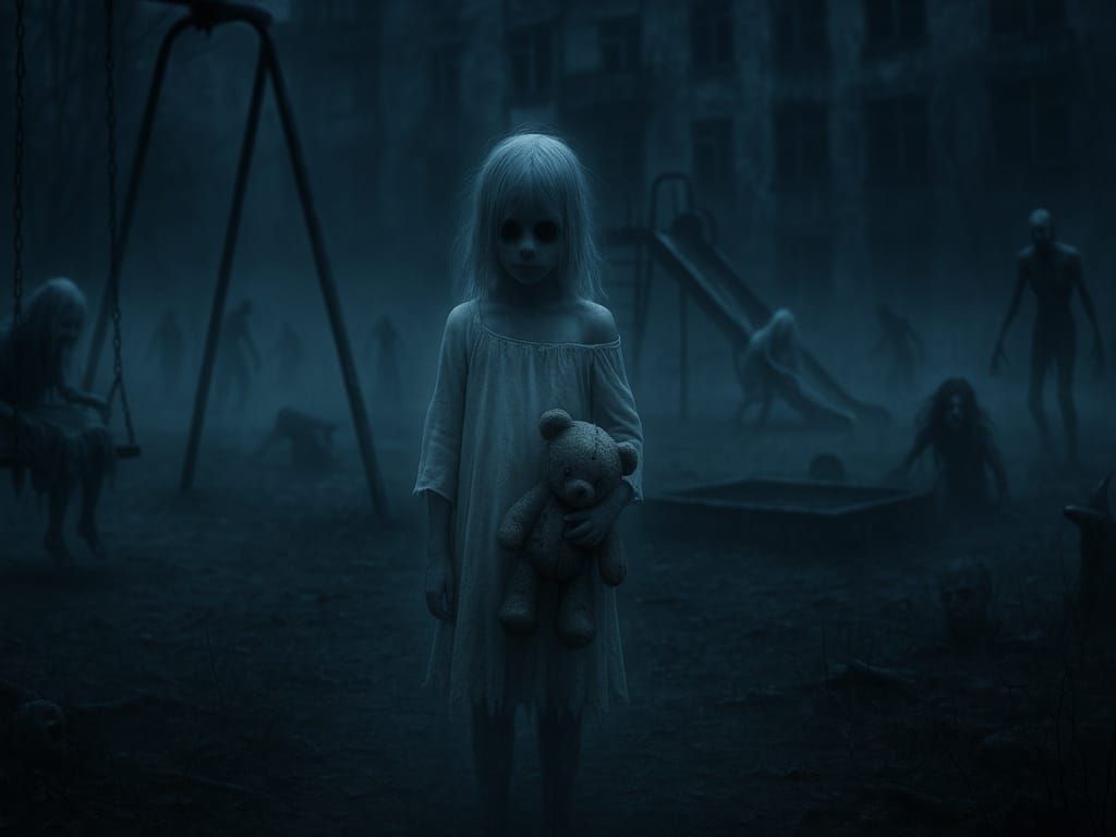 Frightening Playground Scene with Ghostly Child