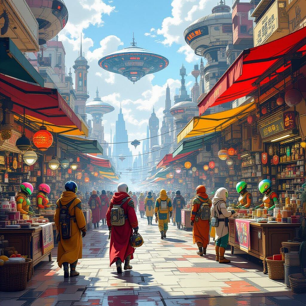 Alien Marketplace with Futuristic and Organic Elements
