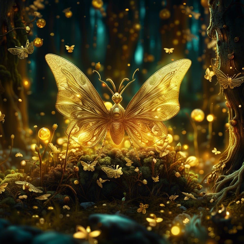 Golden Forest Scene with Chibi Creature