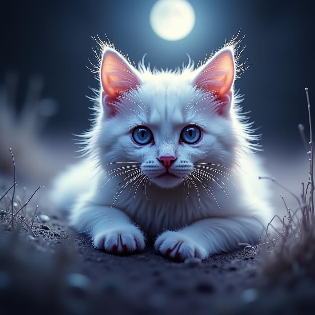 Ethereal Kitty Floating in Moonlight: Surreal Dreamscape