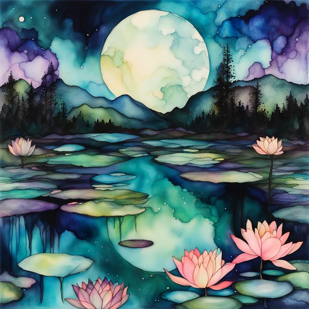 Otherworldly Alcohol Ink, ethereal, moonlight, hills, pond, ...