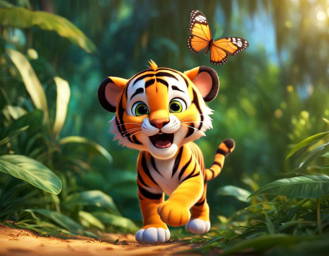 Playful Baby Tiger Chasing Butterfly in Playtoon Style