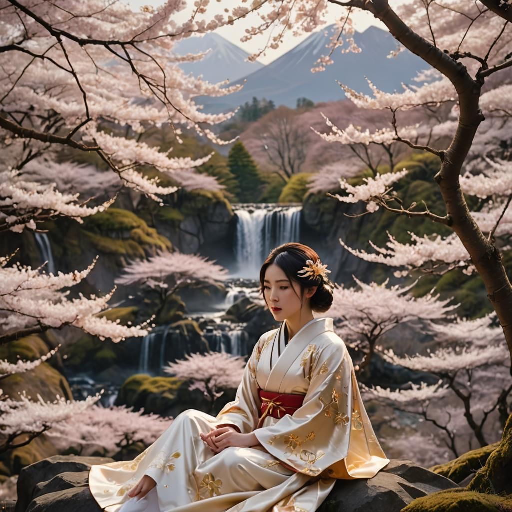 Japanese Girl in Cherry Blossom Field with Fairy Wings