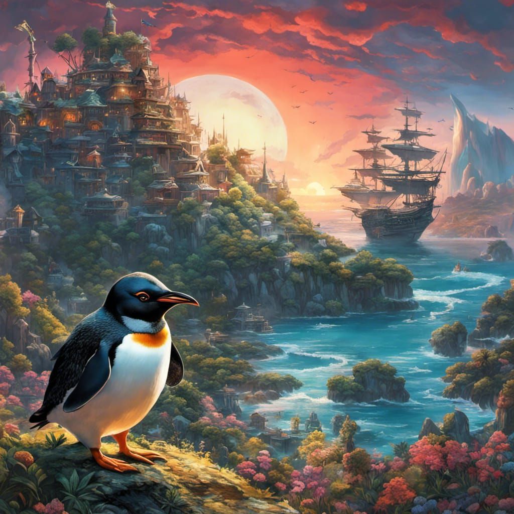 Pirate Penguin Overlooking Sci-Fi Landscape