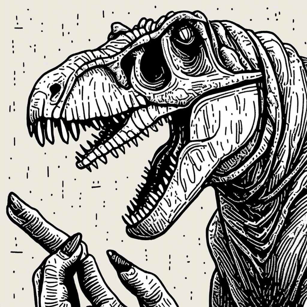 T-Rex on Finger in White Line Art Style