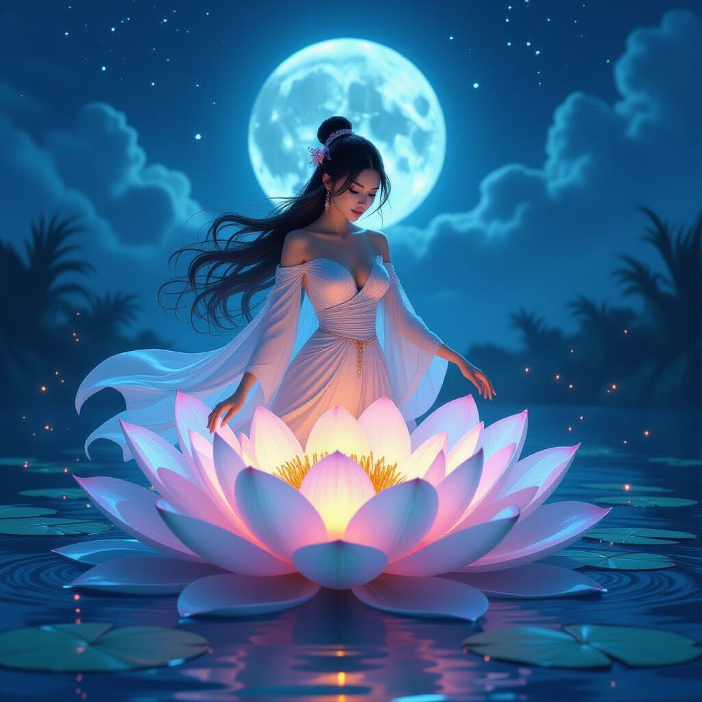 Ethereal Woman in Moonlit Water Garden