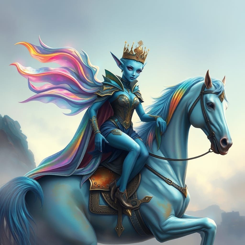 Ethereal Blue Alieness Rides a Rainbow Steed in Dreamlike La...