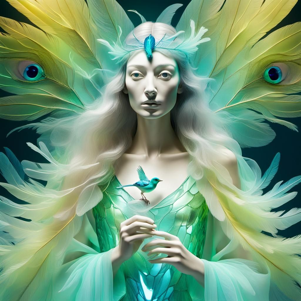 Glass Bird with Neon Highlights in Surreal Style