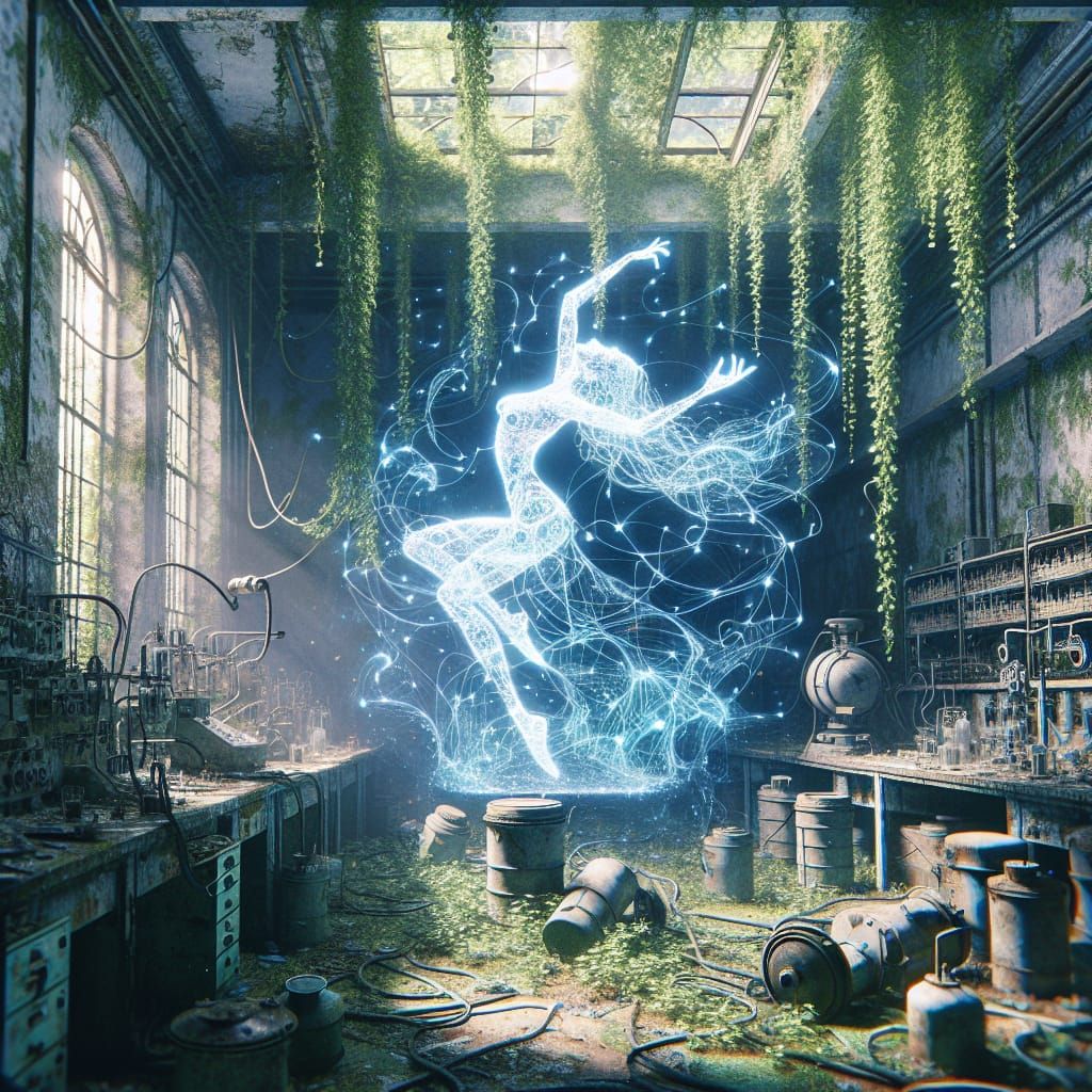 Futuristic Dancer Silhouette Emerges in Abandoned Laboratory