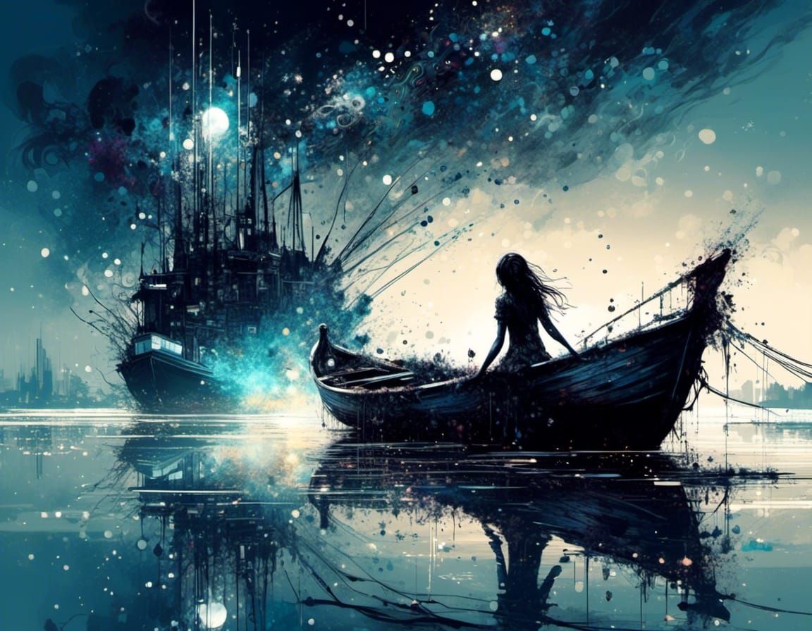 Moonlit Harbour Silhouette: Watercolour Splash Art