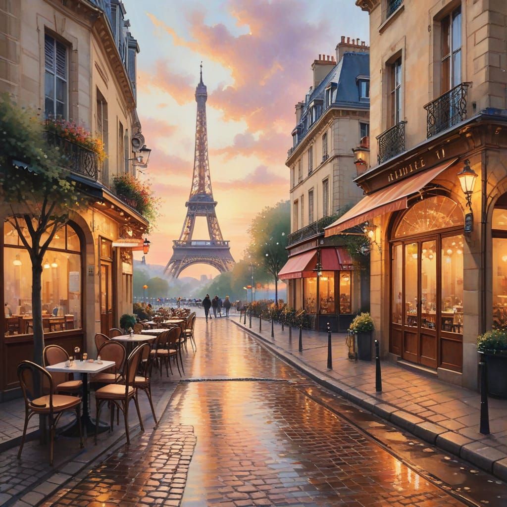 Romantic Parisian Landscape in Whimsical Watercolor