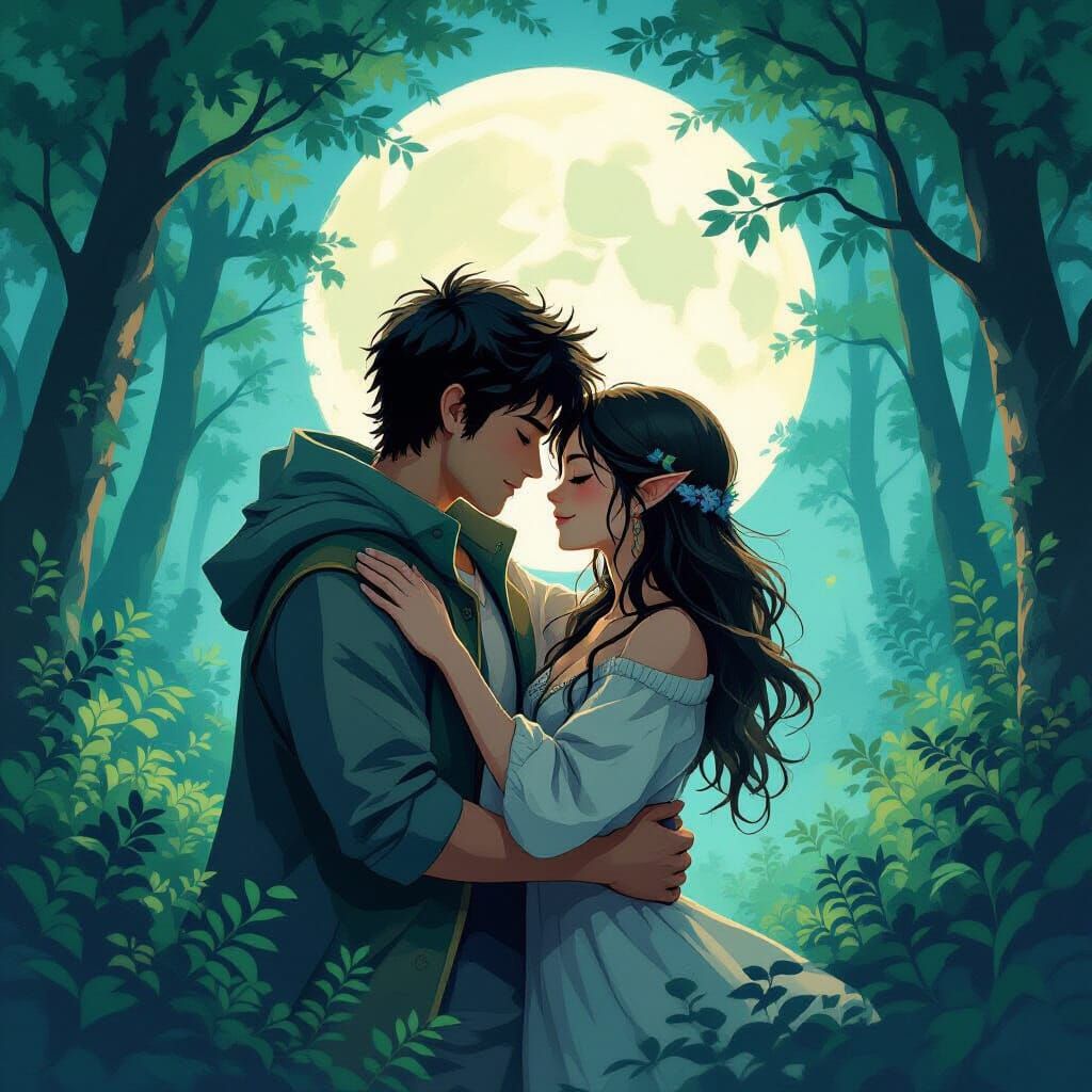 Whimsical Wolf-People Embrace in Moonlit Forest